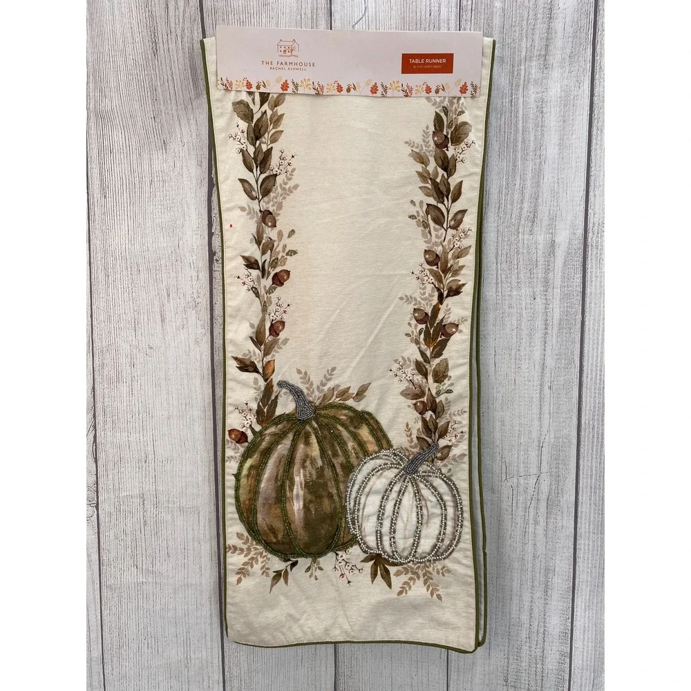 Rachel Ashwell Farmhouse Table Runner 16x72 Cream Beaded Pumpkin Fall Harvest